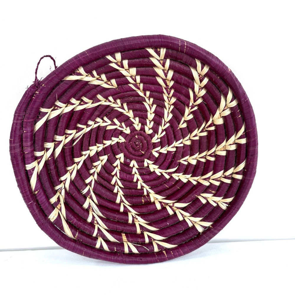 Handmade Woven Basket Bowl Purple Natural Raffia Spiral Wall Decor 8 Inch